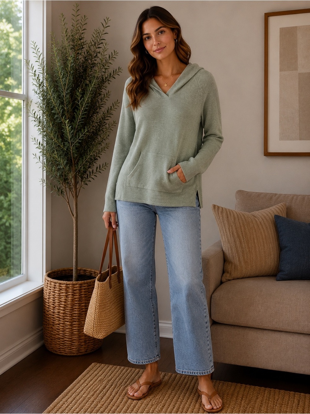 Pure Jill Sage Green Silk Cotton Blend Knit Sweater Kangaroo Pockets Hooded XS
